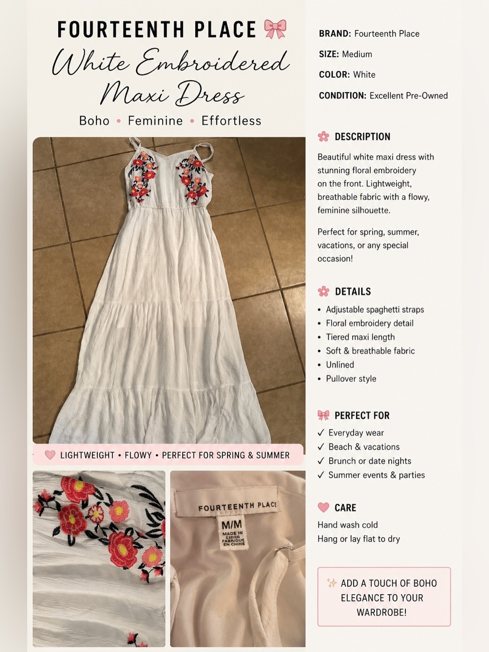 Fourteenth Place White Embroidered Maxi Dress | Size Medium